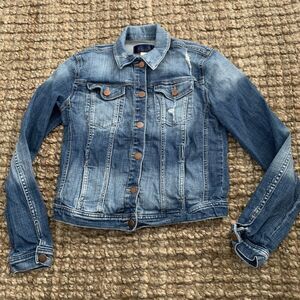 Blue Rain Jacket Womens Small Denim Distressed Blue Jean Stretch